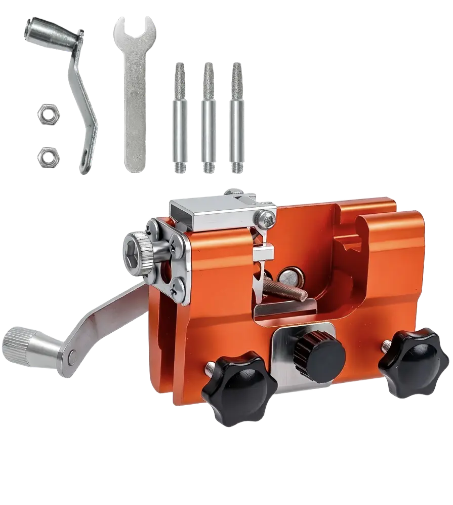 Qinux Klampero Chainsaw Sharpener and its tools